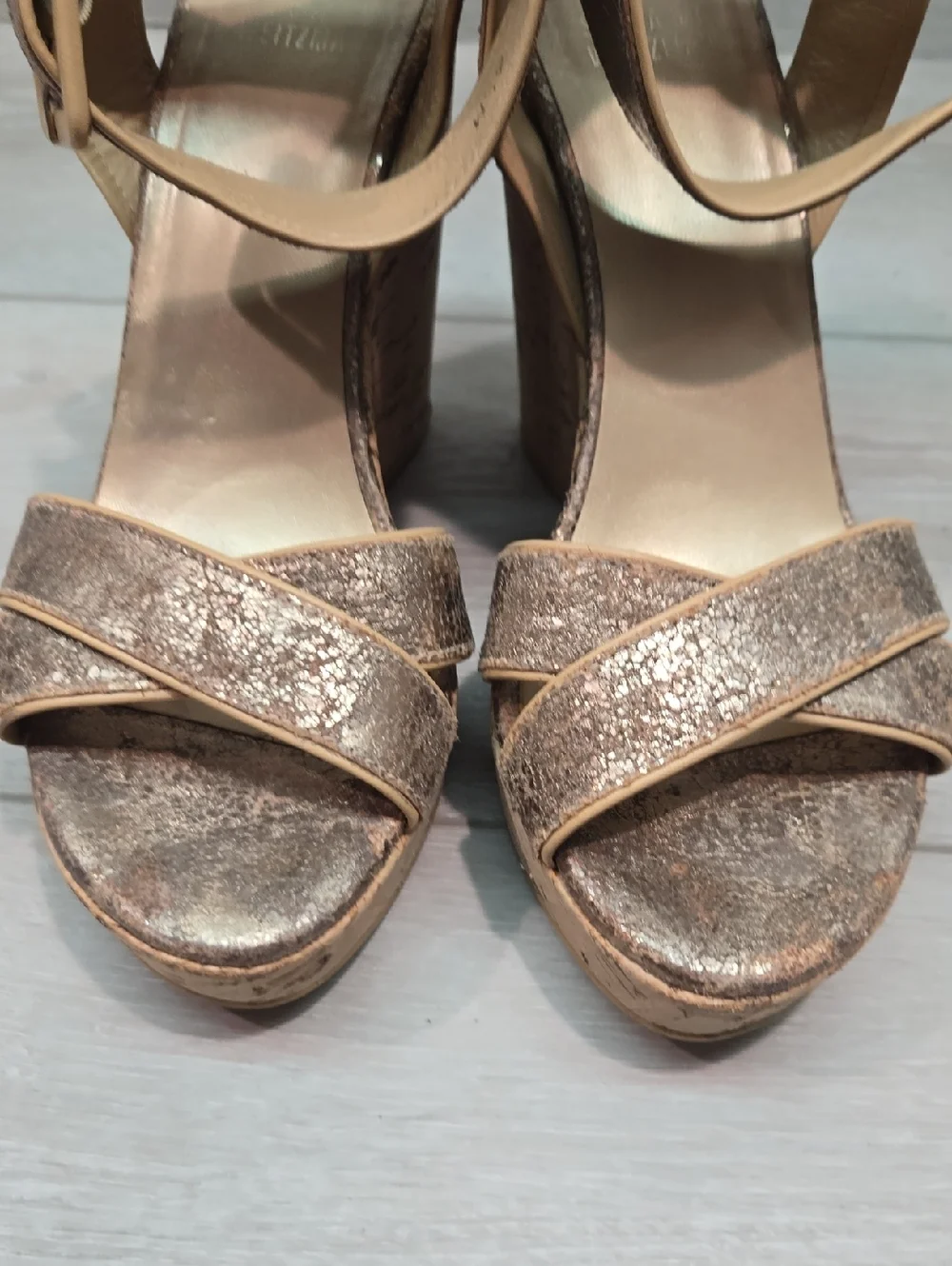 Stuart Weitzman Women Cork Wedge Sandals with Glitter Leather Straps Sz 6.5 - Picture 4 of 12